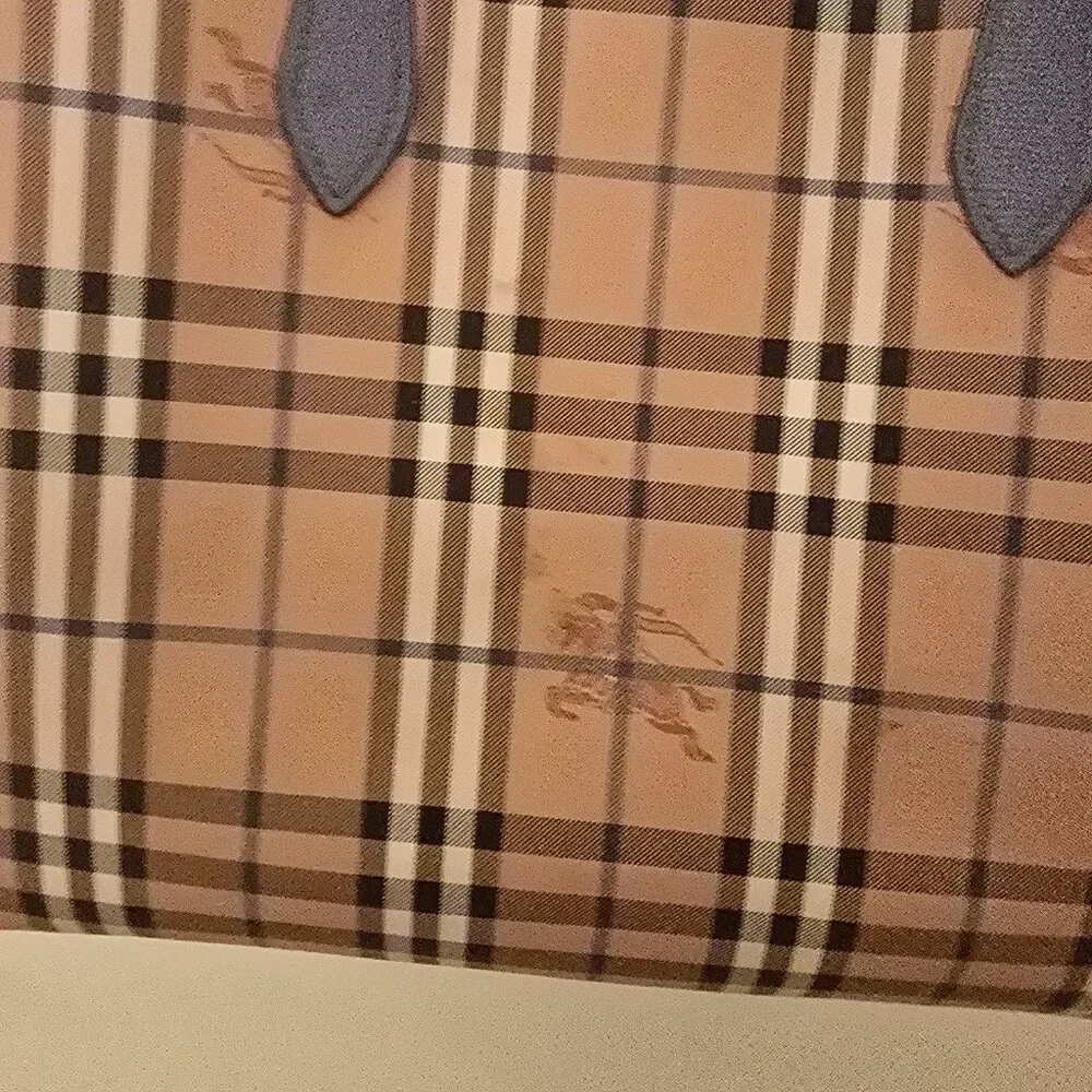 Burberry Medium Reversible Tote Haymarket Check Canvas & Slate Blue Leather